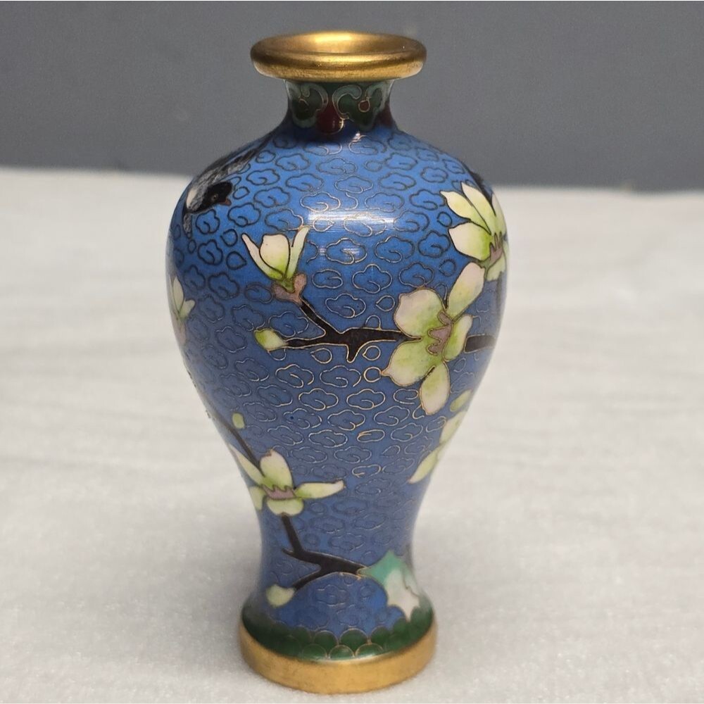 Cloisonne Cherry Blossom Flowers With Bird Blue Vintage Chinese Mini Vase - Picture 10 of 10